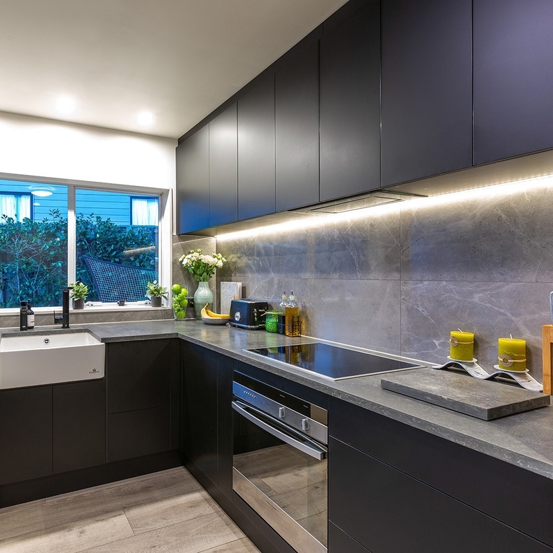 Simple L Shaped Kitchen Units Luxury Modular Dark Black Solid Wood Kitchen Cupboard Set