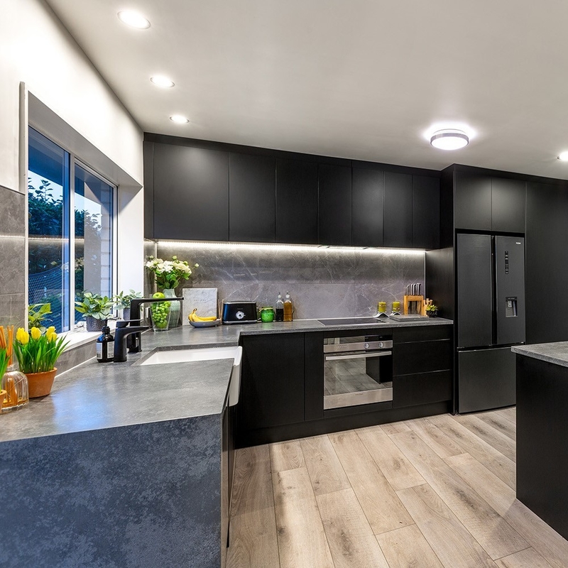 Simple L Shaped Kitchen Units Luxury Modular Dark Black Solid Wood Kitchen Cupboard Set