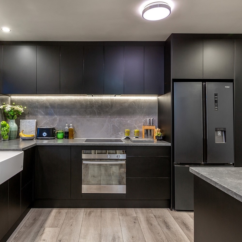 Simple L Shaped Kitchen Units Luxury Modular Dark Black Solid Wood Kitchen Cupboard Set