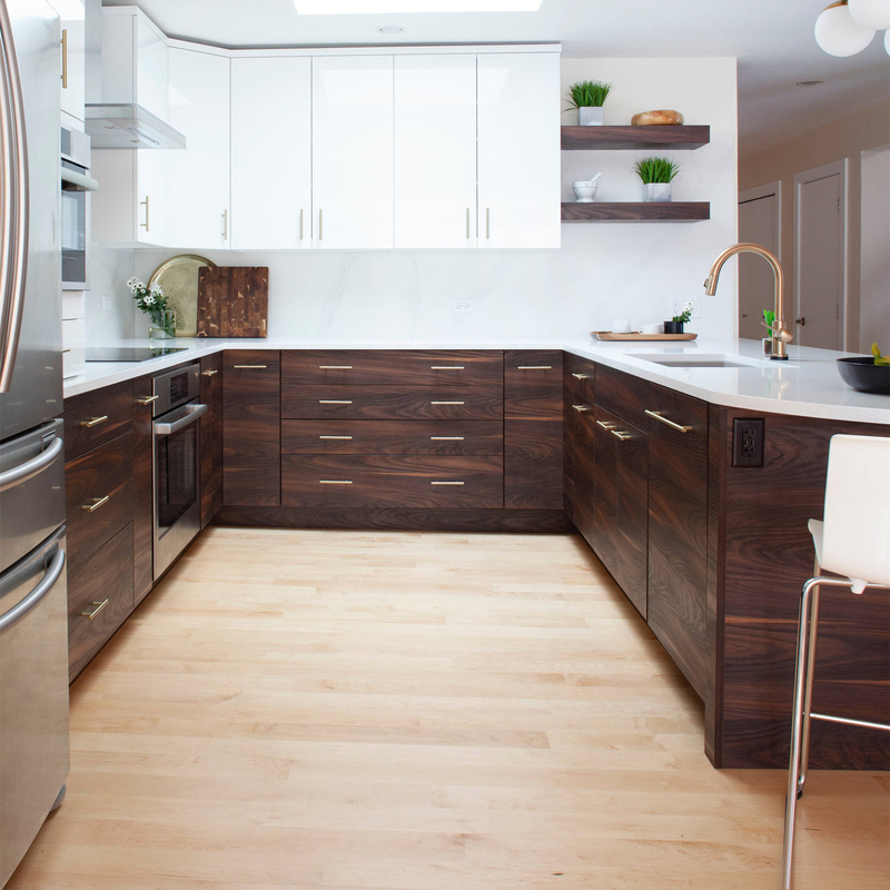 Shaker Style Particle Board Kitchen Cabinets High Gloss White Flat Panel Matte Brown Timber Veneer