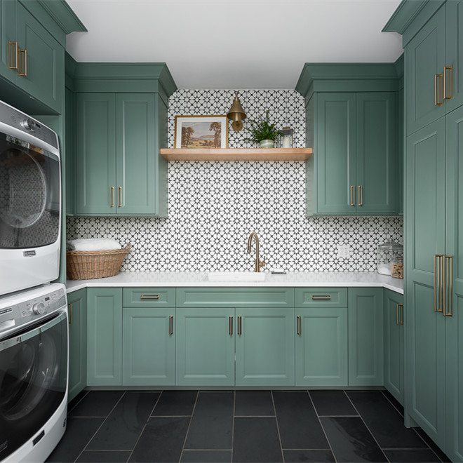 American Shaker U Shape Oasis Lacquer Blue Room Aundry Storage Cabinet  With Two Washing Machine