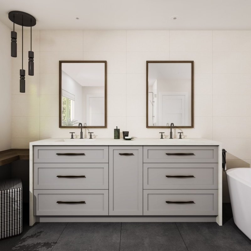 Wooden Floor Mounted Lacquer Bathroom Vanity Units Light Grey Shaker 72 Inch Double Mirror