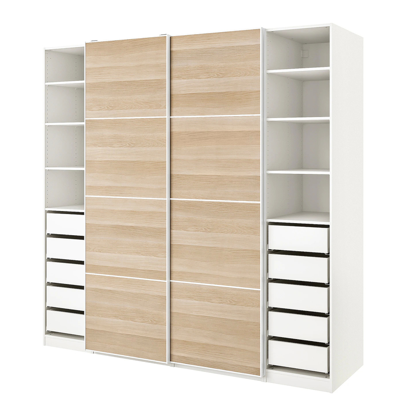 Melamine Sliding Door Closet Modern Modular Lacquer Bedroom Wall Wardrobe Wood Grain Plain