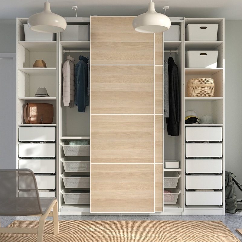 Melamine Sliding Door Closet Modern Modular Lacquer Bedroom Wall Wardrobe Wood Grain Plain