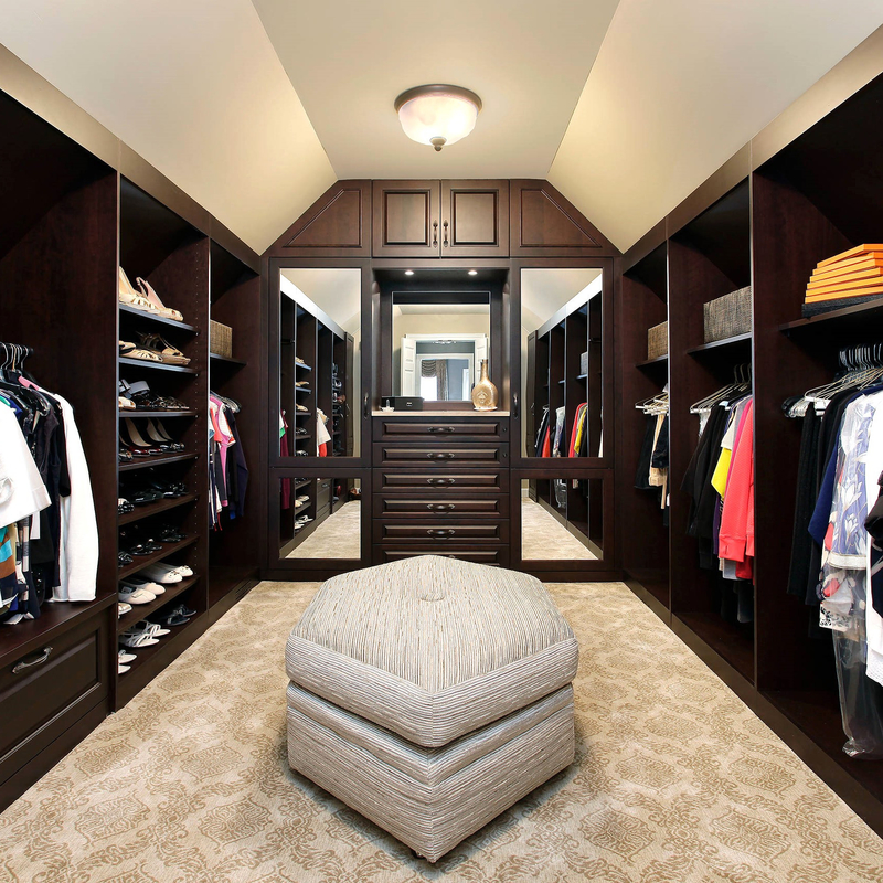 Solid Wood Walk In Closet Modern Classic U Shaped Brown Clothes Storage Cabinets