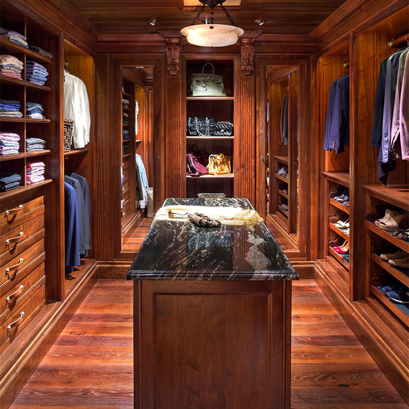 Solid Wood Walk In Closet Modern Classic U Shaped Brown Clothes Storage Cabinets
