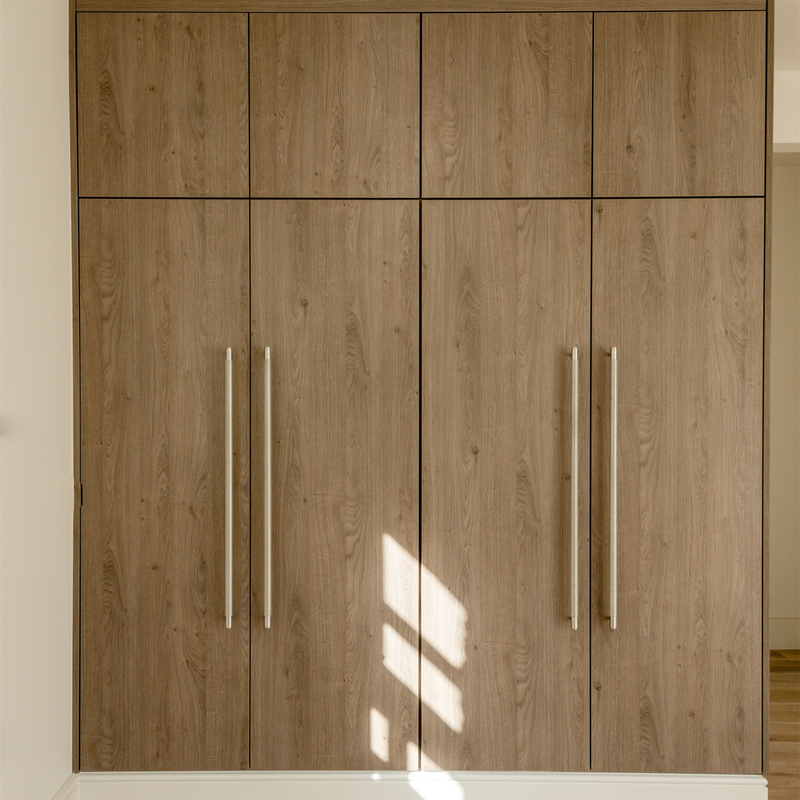 Wood Grain Melamine Swing Door Wardrobe Fitted Mirrored With Stainless Steel Handles