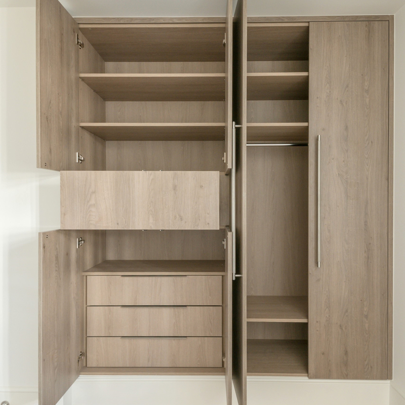 Wood Grain Melamine Swing Door Wardrobe Fitted Mirrored With Stainless Steel Handles
