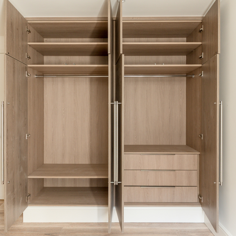 Wood Grain Melamine Swing Door Wardrobe Fitted Mirrored With Stainless Steel Handles