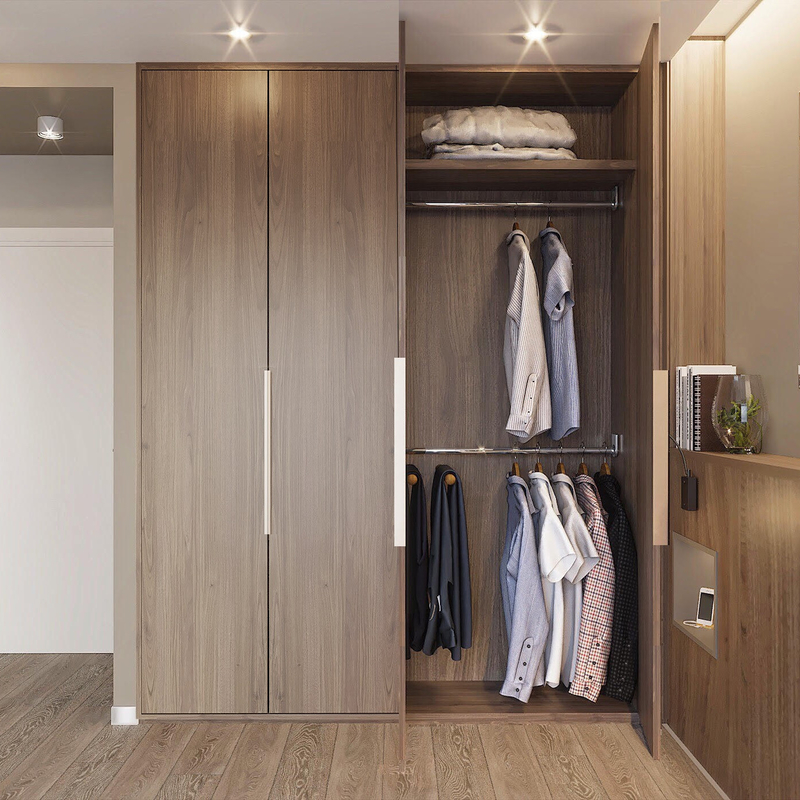 Modern I Shaped Swing Door Wardrobe Wood Texture Timber Veneer With Led Light Luxury Bedroom Closet