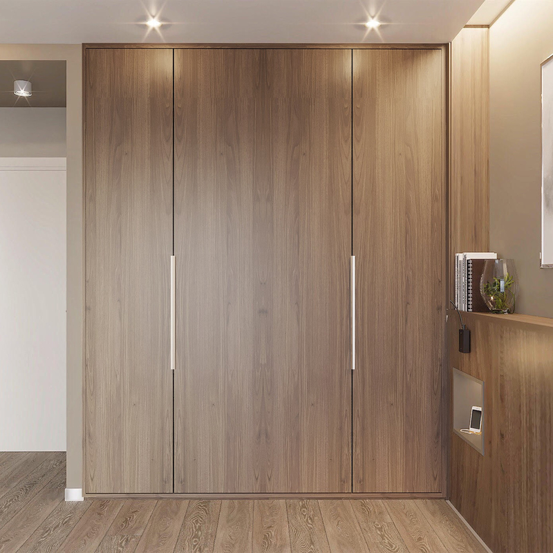 Modern I Shaped Swing Door Wardrobe Wood Texture Timber Veneer With Led Light Luxury Bedroom Closet