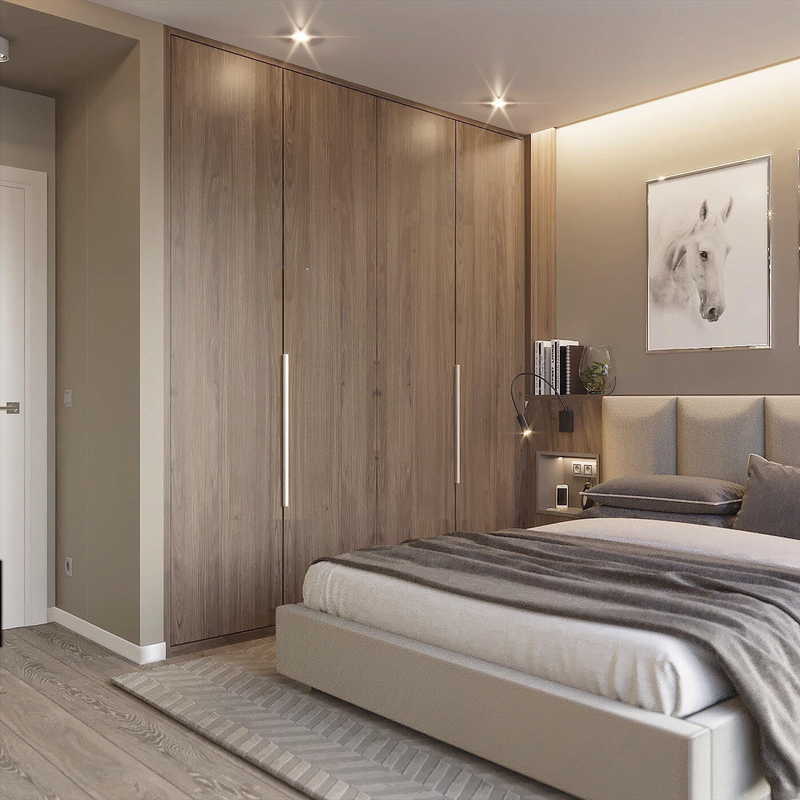 Modern I Shaped Swing Door Wardrobe Wood Texture Timber Veneer With Led Light Luxury Bedroom Closet