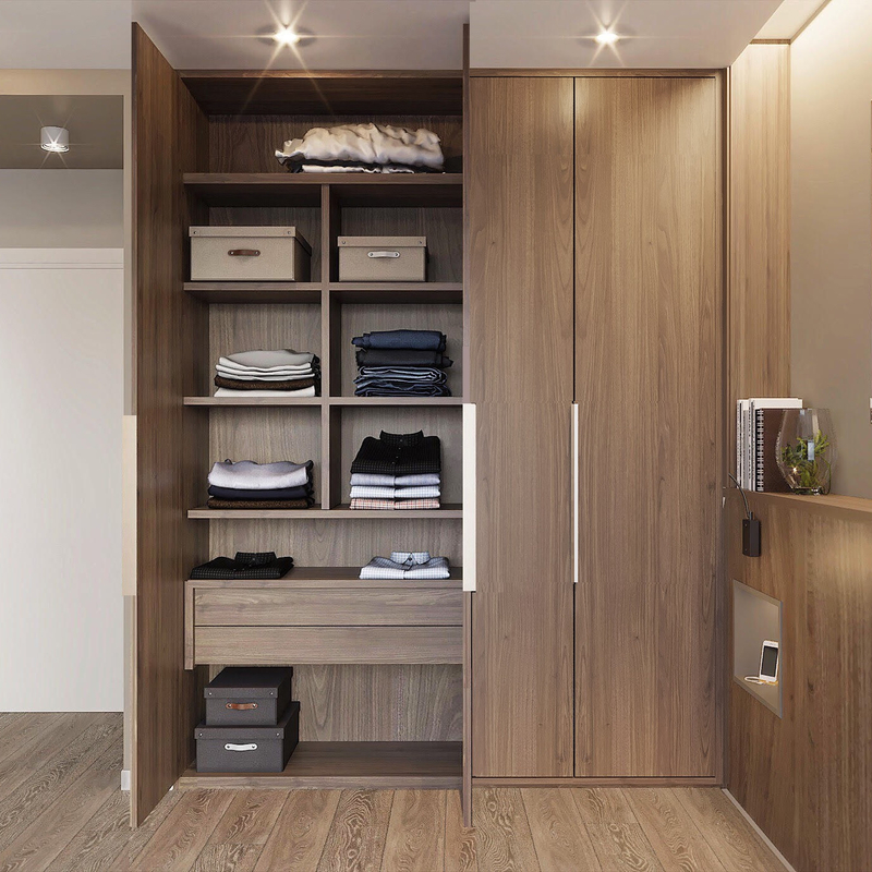 Modern I Shaped Swing Door Wardrobe Wood Texture Timber Veneer With Led Light Luxury Bedroom Closet