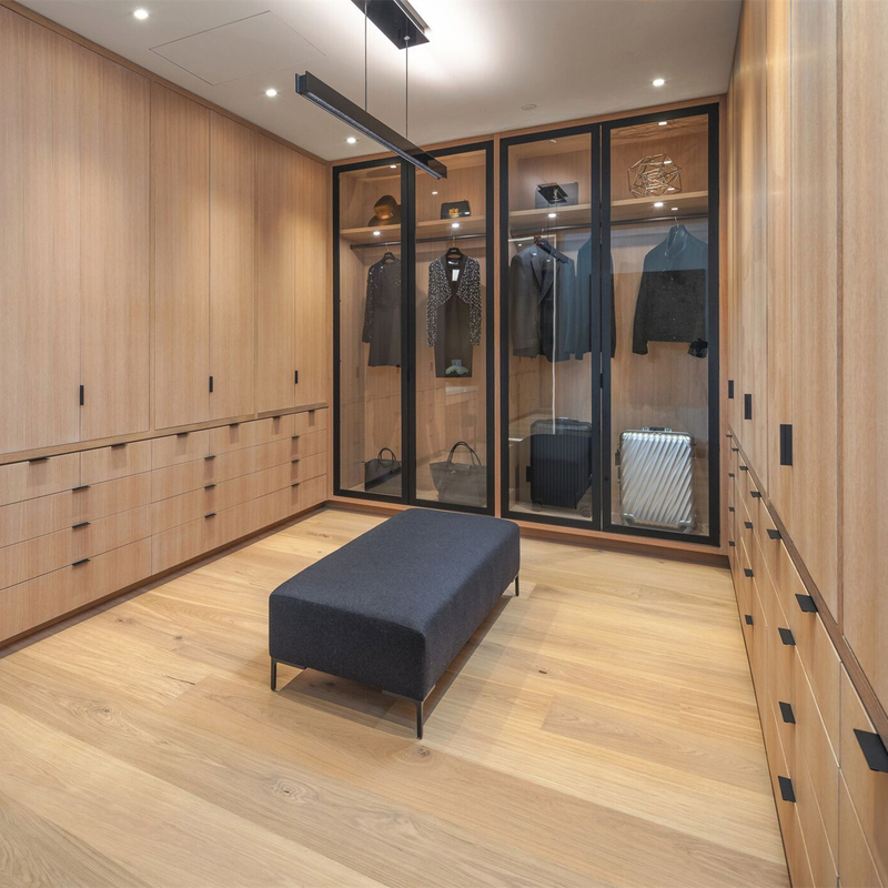 Modern Home Beige Grey Melamine Walk In Closet Glass Door For Dressing Room