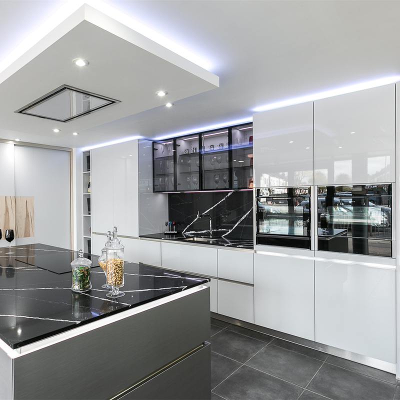 Custom Make I Shape Lacquer Kitchen Cabinet High Gloss White Base Matte Gray Island