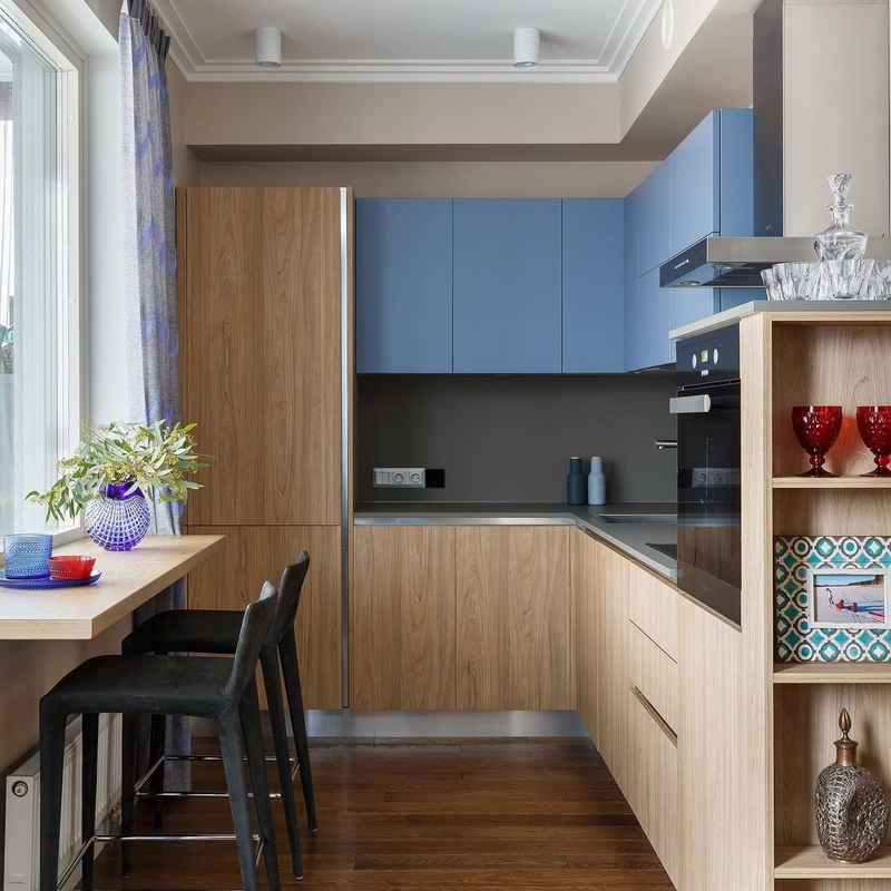 Blue Lacquer Kitchen Cabinet Wood Grain Color Free Handle Kitchen Set With Countertop