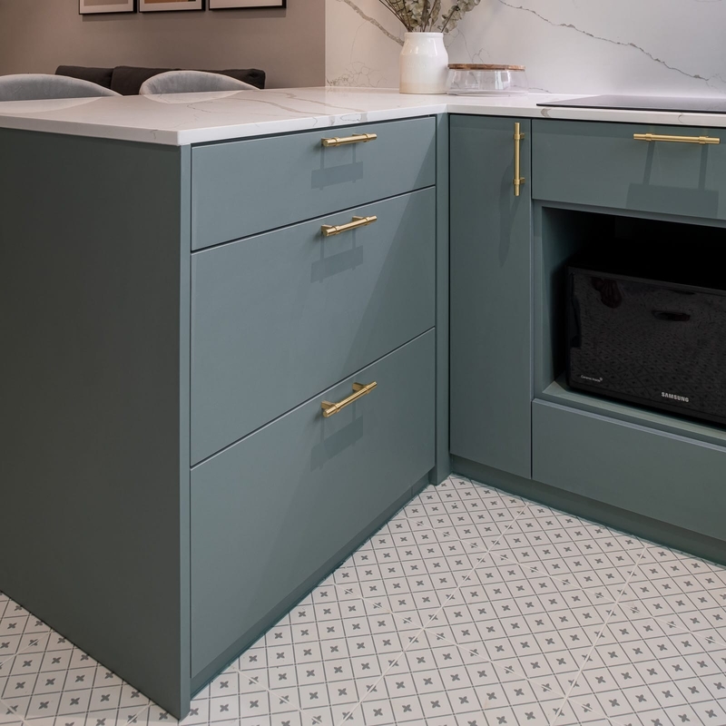 Gray And Blue Lacquer Storage Cupboard Metal Handle Small Set With Sink Kitchen Cabinets