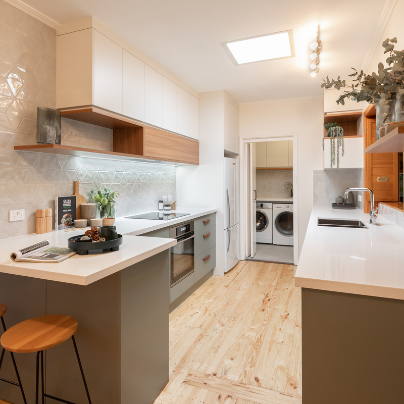 Stylish Celadon Color Lacquer Kitchen Floor Cabinet With Wooden Texture Wall Cabinet
