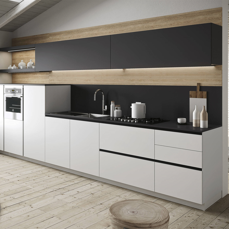 Melamine Finish Kitchen Hanging Cabinet Mix With White And Black Color Handless