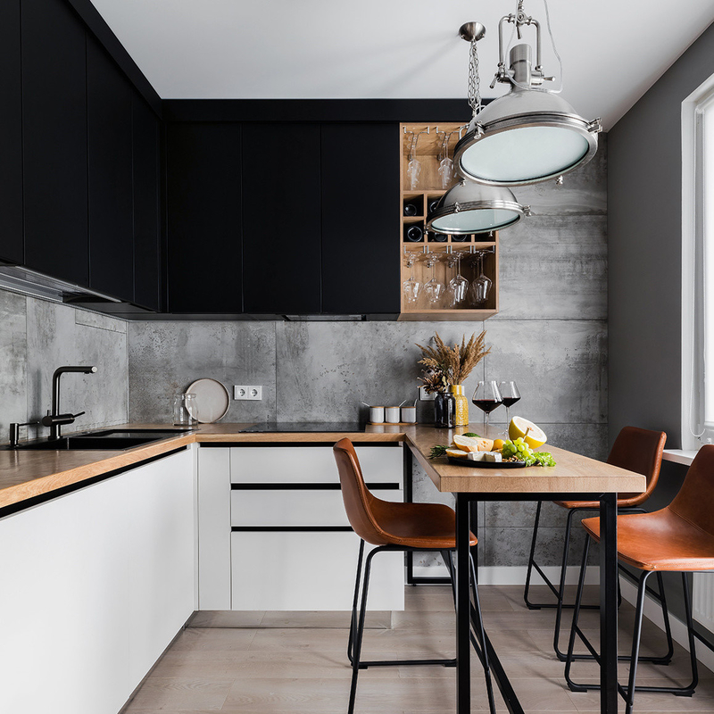 Flat Panel Black And White Matte Lacquer Kitchen Cabinet  All In One With Handless