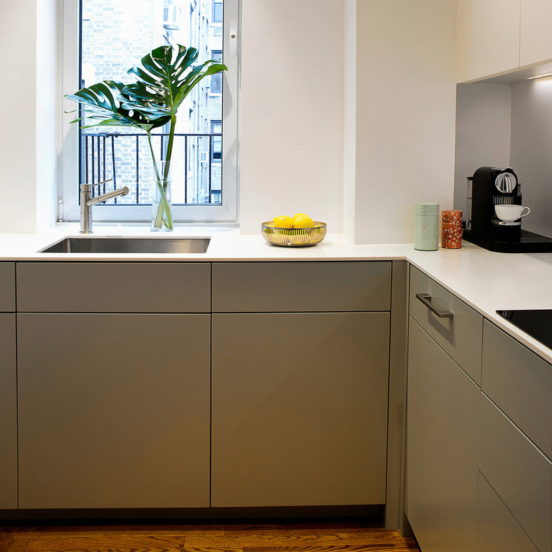 L Shape White And Gray Kitchen Storage Cabinet Lacquer Kitchenette All In One