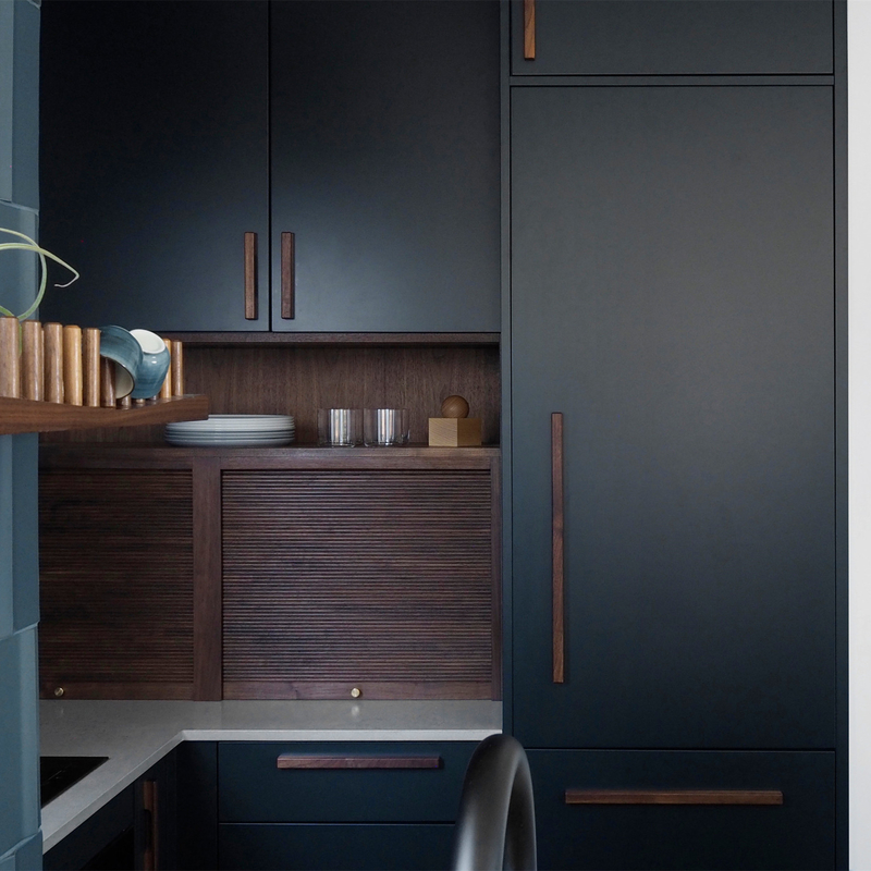 Hotel Modern Design Save Space U Shape Small Kitchen Wooden Handle Dark Blue Matte Lacquer Finish Cabinets