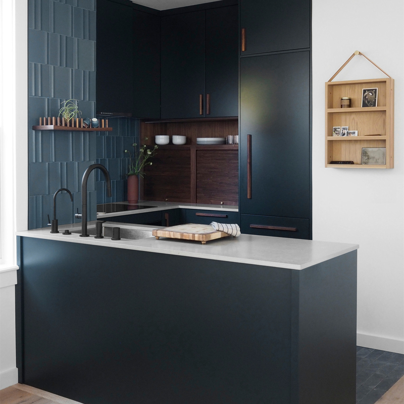 Hotel Modern Design Save Space U Shape Small Kitchen Wooden Handle Dark Blue Matte Lacquer Finish Cabinets