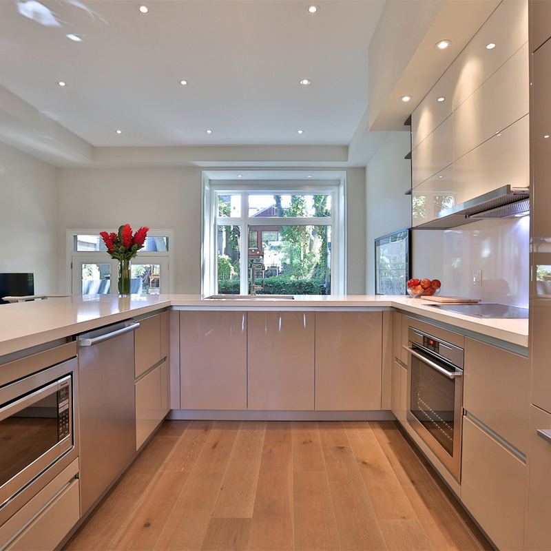 U Shape High Gloss White And Grey Lacquer Kitchen Furniture Wall Hanging Kitchen Cabinet With Handless Design