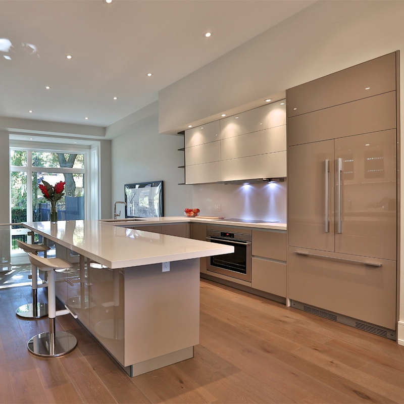 U Shape High Gloss White And Grey Lacquer Kitchen Furniture Wall Hanging Kitchen Cabinet With Handless Design