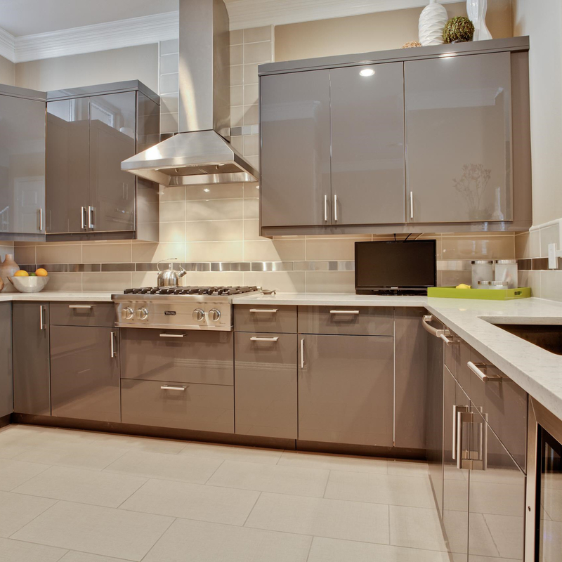 U Shape High Gloss Dark Grey Lacquer Electric Touch Open Kitchen Cabinets For Villa