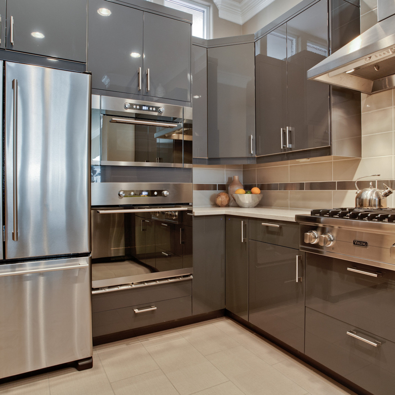 U Shape High Gloss Dark Grey Lacquer Electric Touch Open Kitchen Cabinets For Villa