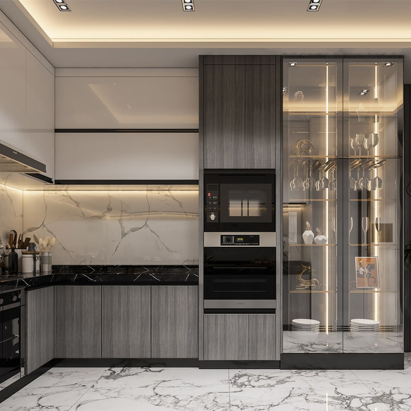 Luxury Corner Glass Kitchen Display Cabinets Ready To Assemble Modern Storge Lacquer Cabinets Kitchen