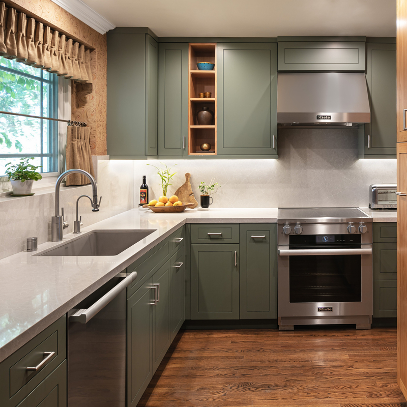 California Villa Use Kitchen Cabinet Solid Wood Modern Shaker Style Green And Brown Cupboard