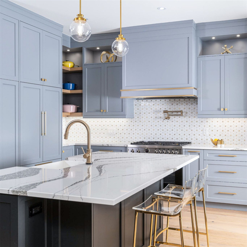 Customized Complete Shaker Villa Design Grayish Blue Solid Wood Standard Kitchen Cabinet Timber Cupboard Made in China